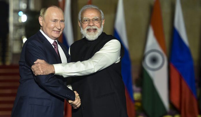 (File) Prime Minister Narendra Modi receives Russian President Vladimir Putin for a meeting at Hyderabad House in New Delhi | PTI